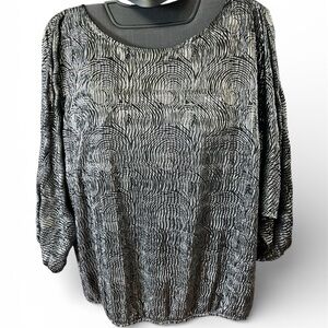 Vintage Jeri Marque Swirl Pattern  Black & Silver Textured Blouse 3/4 Sleeves